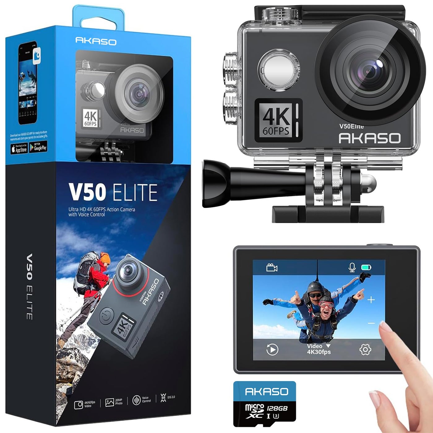 Compare AKASO V50 Elite 4K60fps Action Camera with 128GB MicroSDXC U3 Memory Card Accessories Kit Bundle Voice Control EIS 40M Waterproof Camera 8X Zoom Remote Control at KSA Price