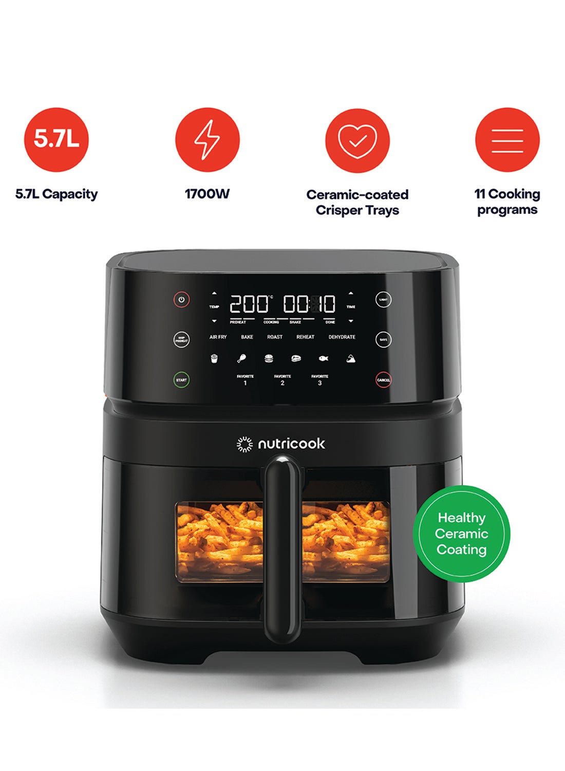 Compare Digital Air Fryer Vision 3 ,  5.7L Capacity with Clear Window & Internal Light,6 Presets, Air Fry, Roast, Bake, Broil, Dehydrate& Reheat, 2 Years limited Warranty 5.7 L 1700 W NCAF357V Black at KSA Price