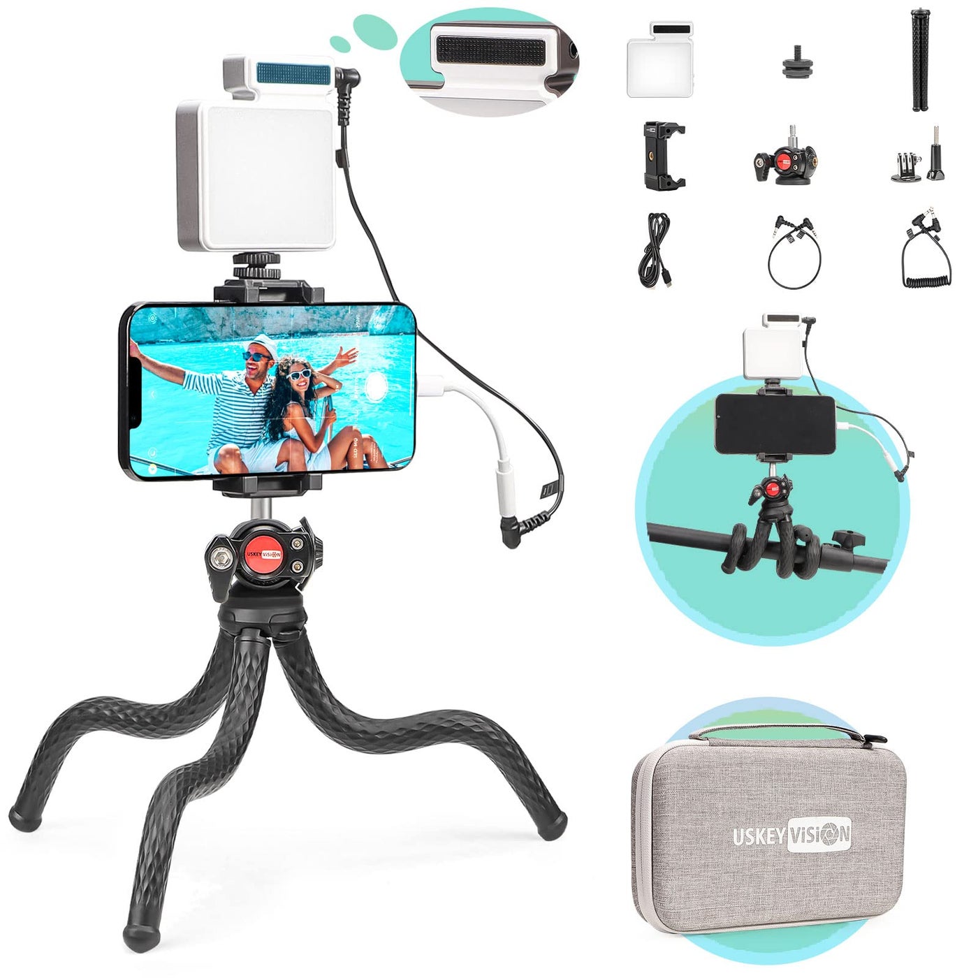 Compare USKEYVISION FlexK4 Phone Video Kit with Builtin Microphone Led Light Flexible Tripod Vlog Kit for Youtuber and TikTok Creator Combo FlexK4 at KSA Price