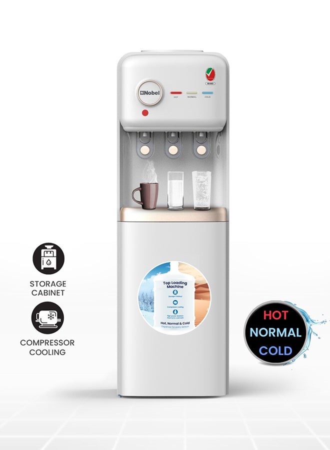Compare Freestanding 3 Taps Water Dispenser With Hot, Normal & Cold Taps, Compressor Cooling, Storage Cabinet NWD1608 White at KSA Price