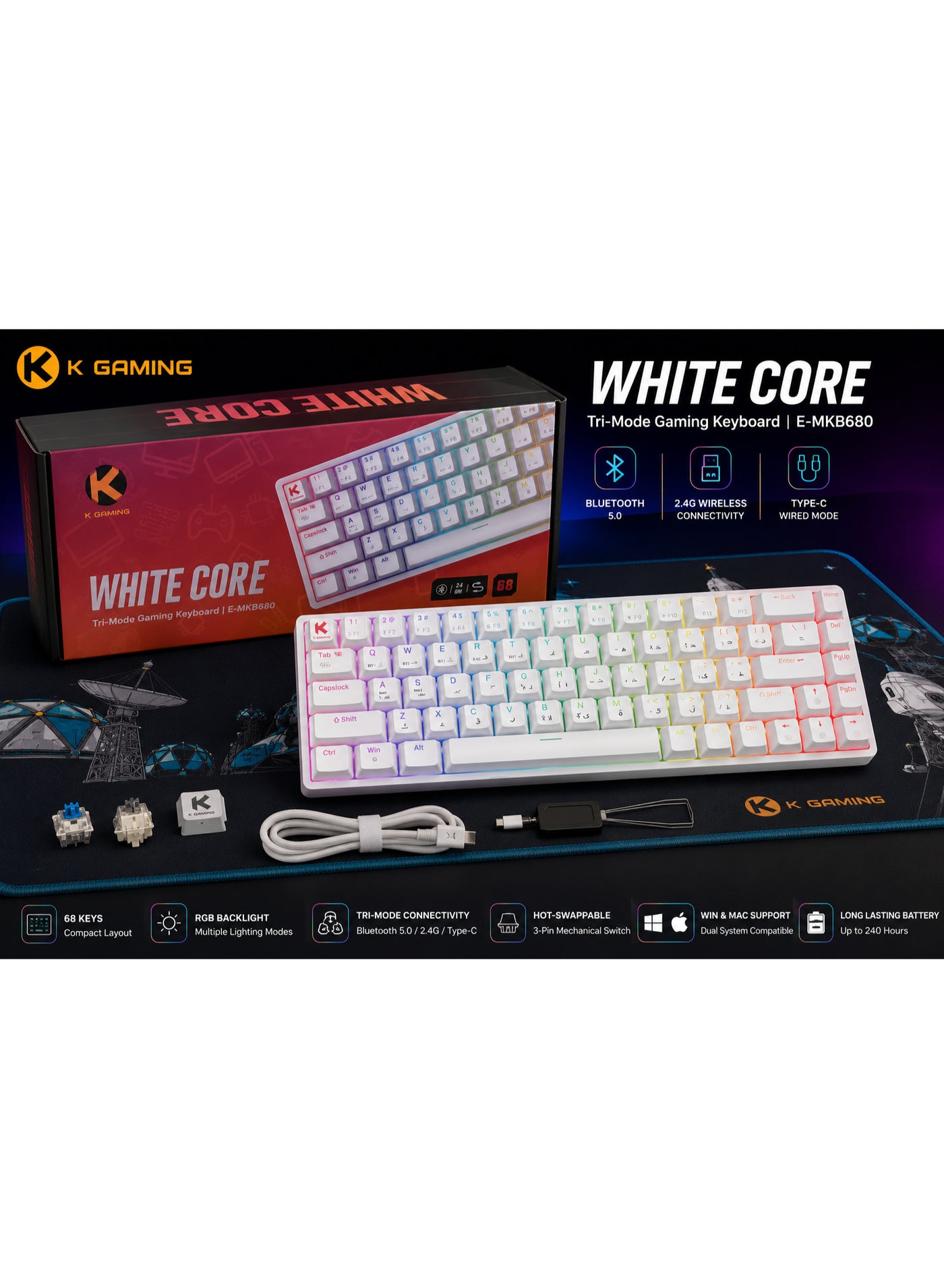 K Gaming WhiteCore 68-Key Tri-Mode Mechanical Gaming…