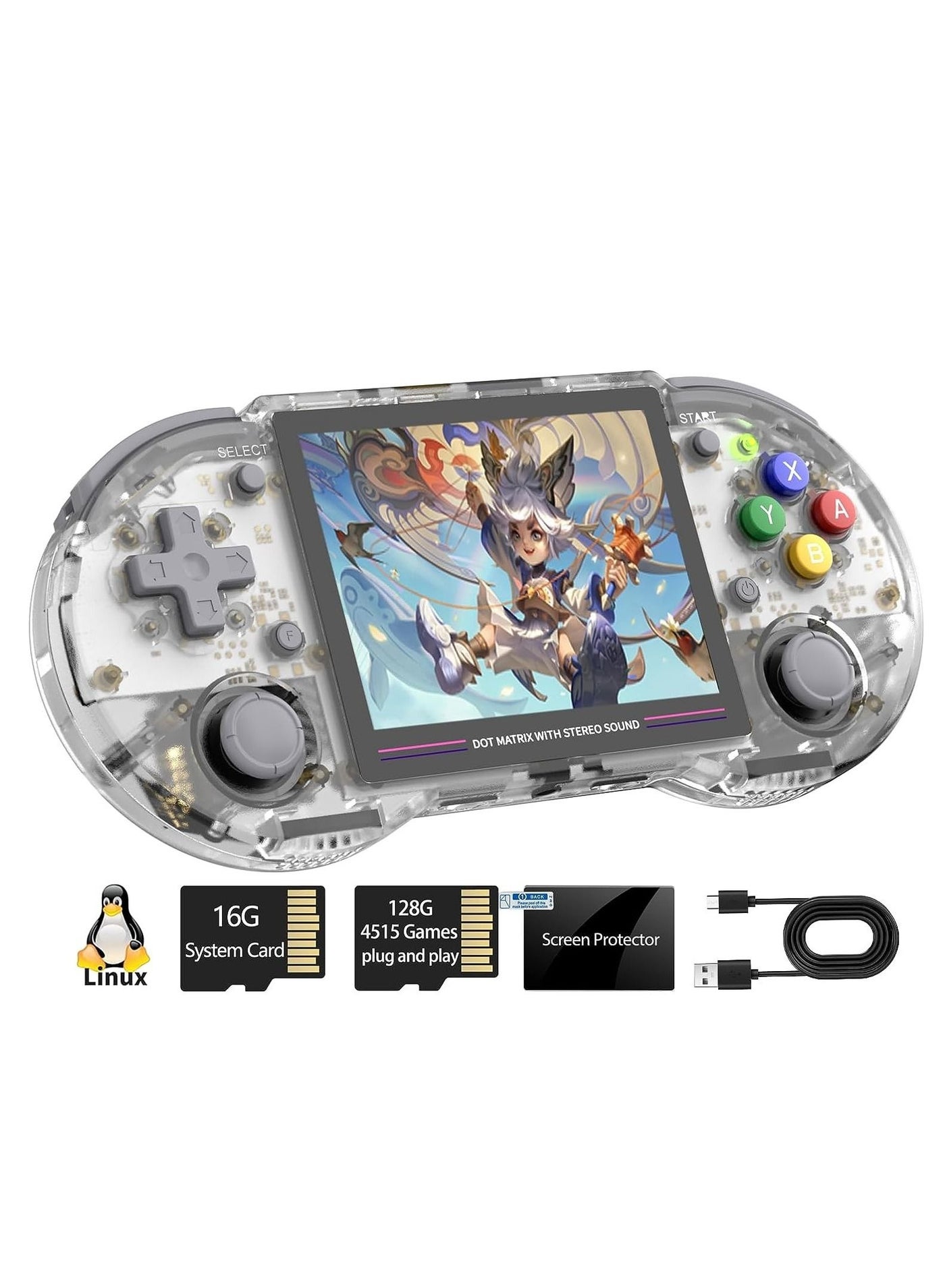 Compare RG353PS Retro Handheld Gaming Console, Single Linux Platform RK3566 Processor, 3.5 Inch IPS Display, Includes 128G TF Card with 4519 Preloaded Games, 5G WiFi and 4.2 Bluetooth Supported Transparent at KSA Price