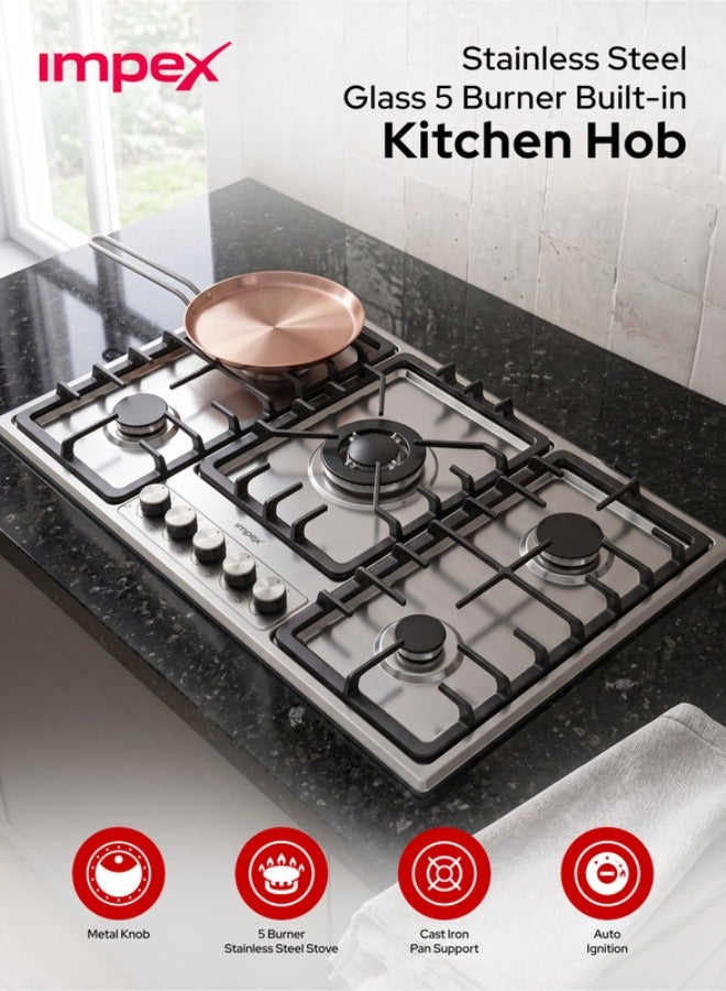 Compare 5Burner Builtin Gas Hob | High Heat Output | Heavy Cast Iron Pan Support | Stainless Steel Kitchen Hob with Auto Ignition, Metal Knobs | Work, Rapid, SemiRapid & Auxiliary Burners | Fast Cooking, Modern Cooktop for Home Kitchen 5 BIHS5 Silver and Black at KSA Price