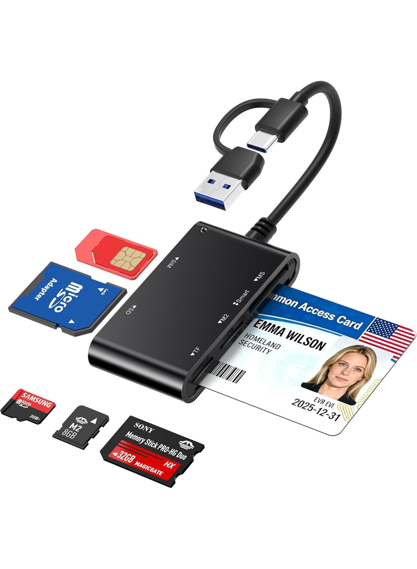 Compare 6in1 Smart Card Reader with USBC & USBA  CAC & PIV Card Reader, SIM Card Adapter, SDTFMemory Stick Pro DuoM2MMC Memory Card Reader for Windows, Mac, Linux – Plug and Play at KSA Price