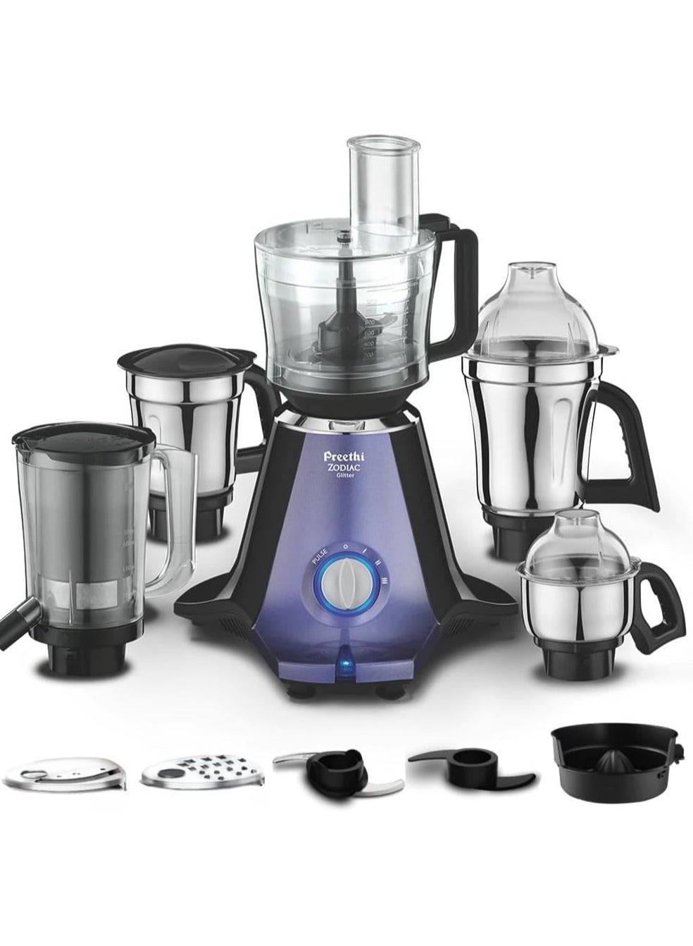 Compare Zodiac Glitter Mixer Grinder, 5 Jars 3 Stainless steel Jars +1 Juicer Jar+1 Master Chef Plus Food processor Jar 1.5 L 750 W MG264 Black Lavender at KSA Price