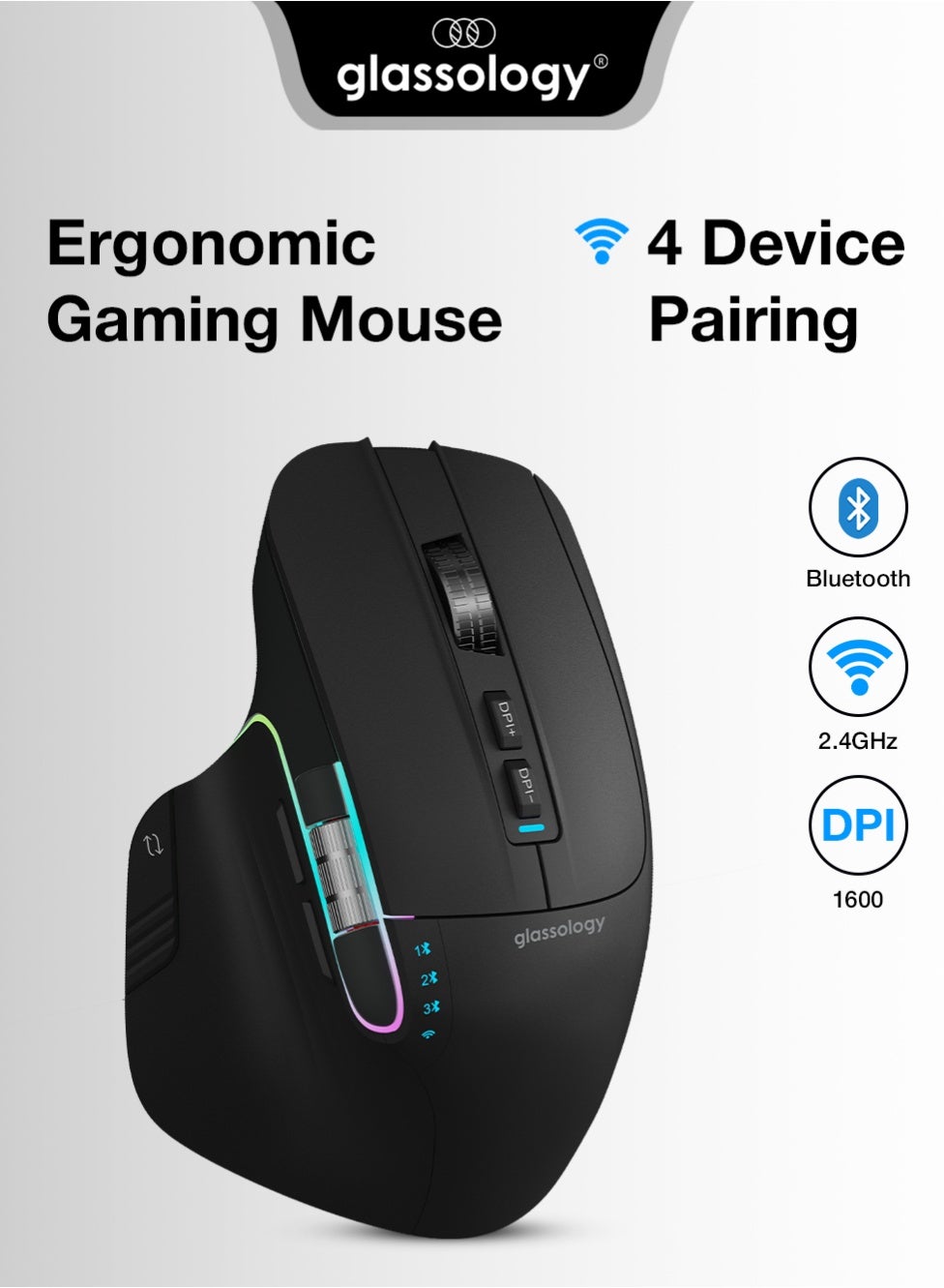 Compare Ergonomic Wireless Mouse Bluetooth 5.0 & 2.4GHz, 80012001600 DPI Rechargeable Gaming Mouse, 8 Programmable Buttons, 4 Device Pairing, RGB Lights, Silent Click, TypeC, for PC Laptop Mac at KSA Price