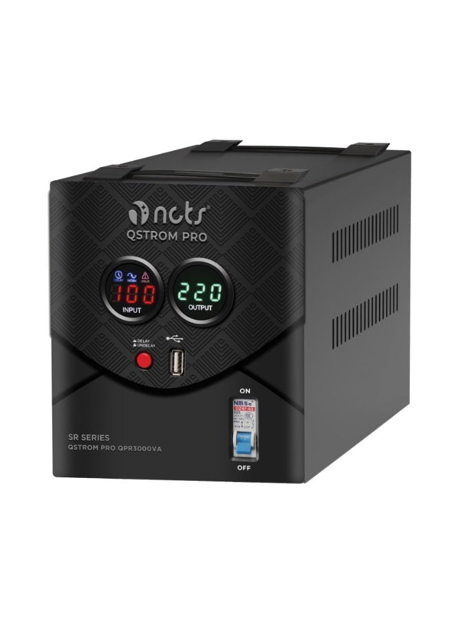 Compare NCTS Qstrom Pro QPR3000VA 3000VA2400W Automatic Voltage Regulator High Performance Automatic Stabilizer Protection System Meter LED Display USB Port CPU Controlled Heavy Duty for Home & Office Equipment at KSA Price
