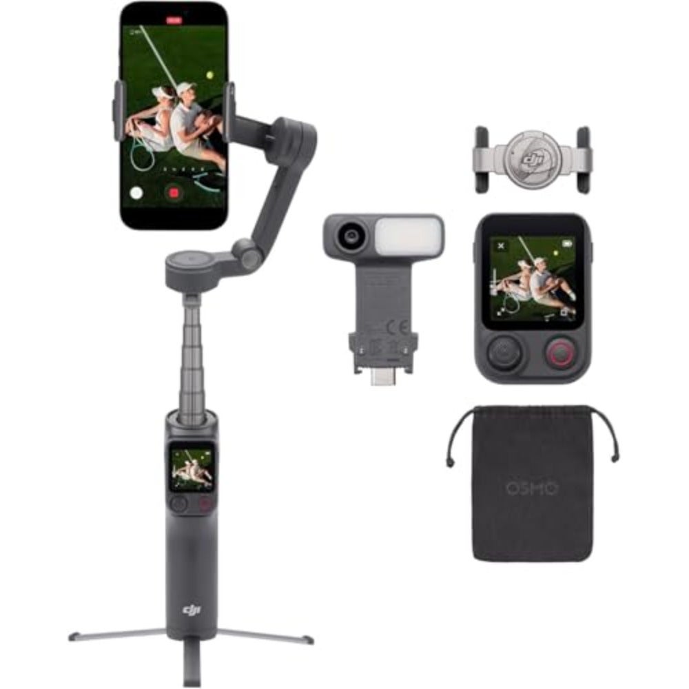 Compare Osmo Mobile 8P Advanced Tracking Combo for smartphone videography, aluminum alloy body, matte black finish, 3axis stabilization and AI tracking at KSA Price