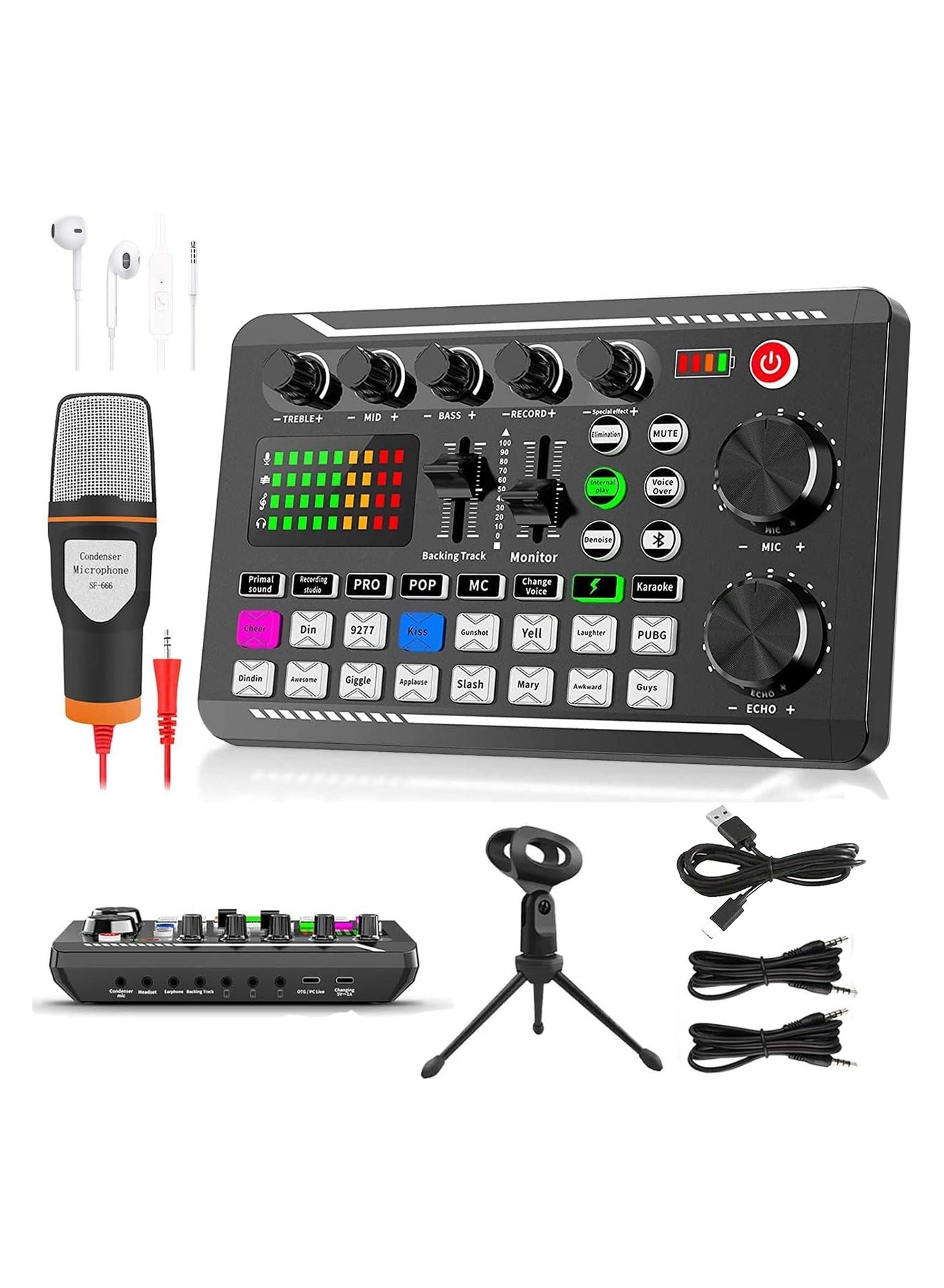 Compare F988 Professional DJ Mixer with Voice Changer & Effects, Sound Mixer Board for Live StreamingGaming F998 Sound Card + Microphone at KSA Price