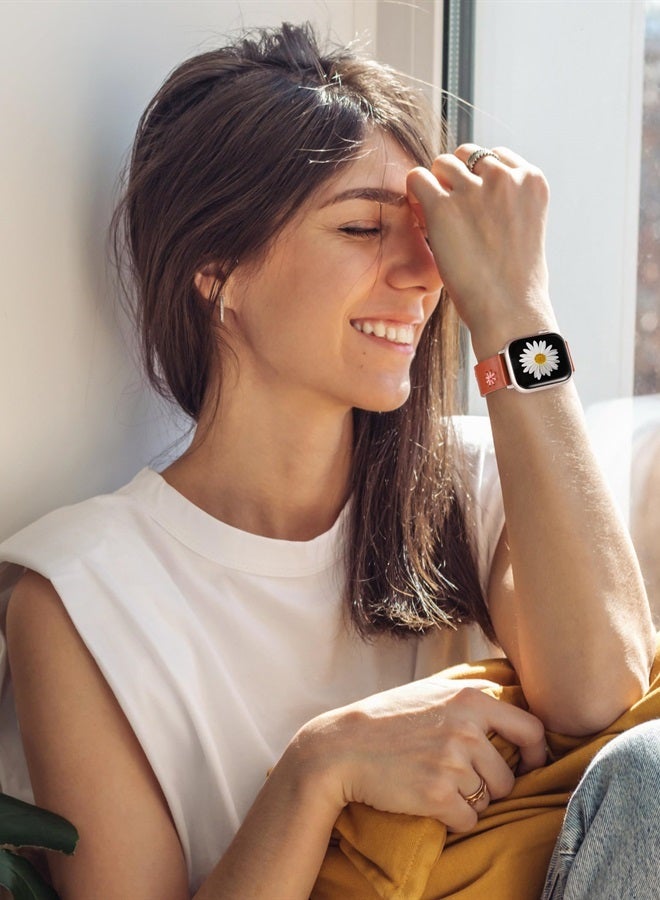 Compare Floral Leather Band Compatible with Apple Watch Band Women 41mm 40mm 38mm, Original Soft Leather Designer Dressy Strap with Cute Color Daisy Stitching for iWatch Series 8SE7654321 at KSA Price