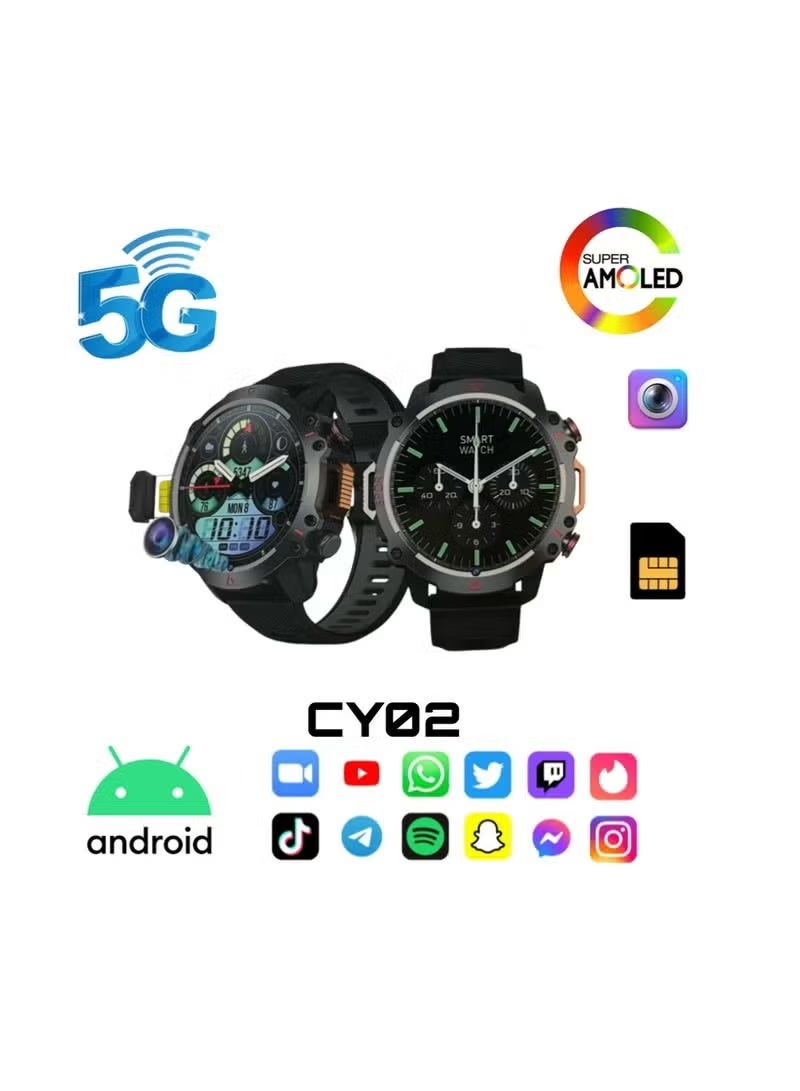 Compare CY02 5G Round Android Smartwatch – 6GB RAM  64GB ROM, DualCamera, SIM Support, 49mm Round Screen, 2 Straps Included, Fitness Tracker, Calls & Music, Black at KSA Price