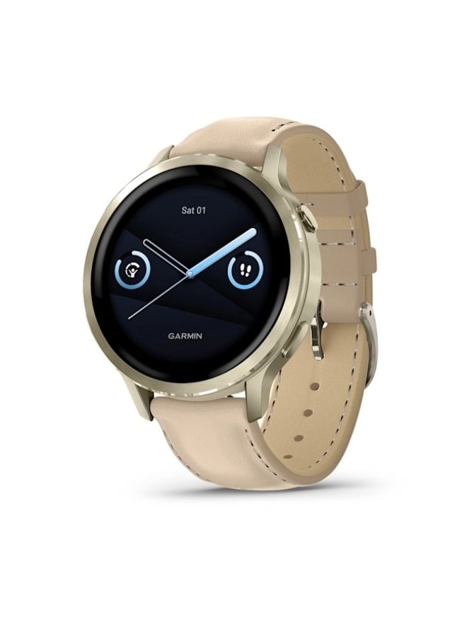Compare Venu 4 – 41 mm  Lunar Gold with Bone Silicone Band and Light Sand Leather Band , Upto 10 Days of Battery Life and Bright, Colorful 1.2 Inch Amoled Display , LightweightDesign , iOS and Android compatible Light Sand at KSA Price