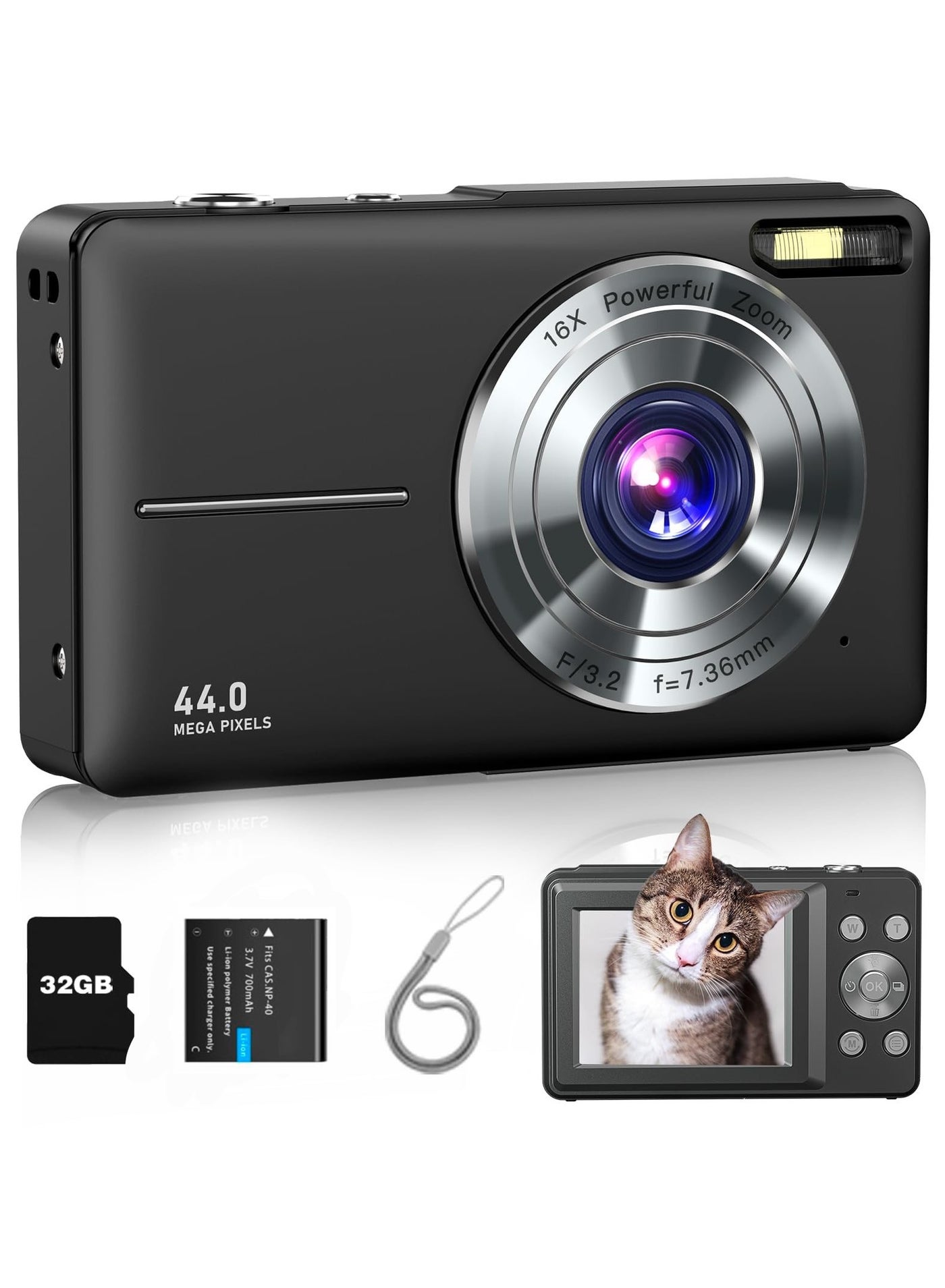 Compare Digital Camera, FHD 1080P Kids Camera 44MP Point and Shoot Digital Cameras with 32GB SD Card, 16X Zoom, Lanyard at KSA Price