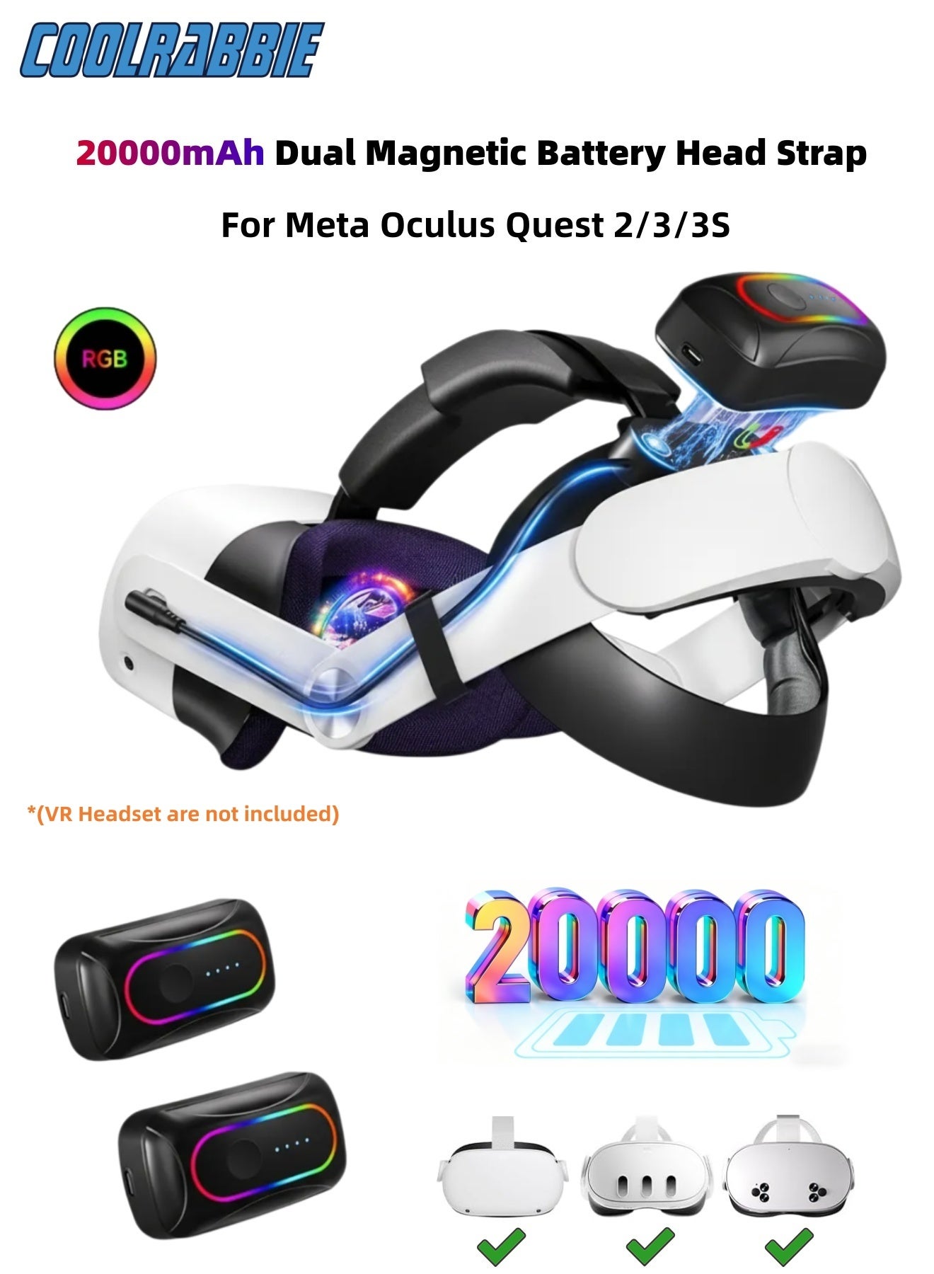 Compare 10000mAh + 10000mAh Dual Magnetic Battery Head Strap Compatible with Meta Oculus Quest 233S, Cool RGB Battery Pack & Easy to Replace Extend VR PlaytimePremium Comfort & Adjustable, Reduce Facial Stress at KSA Price