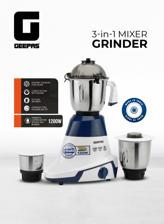Compare 1200W Powerful 3IN1 Mixer Grinder | Copper Motor, 3 Stainless Steel Jars 1.5L, 1.0L, 0.5L | 3 Speed, Overload Protector | White & Blue 1200 W GSB44088 WhiteBlue at KSA Price