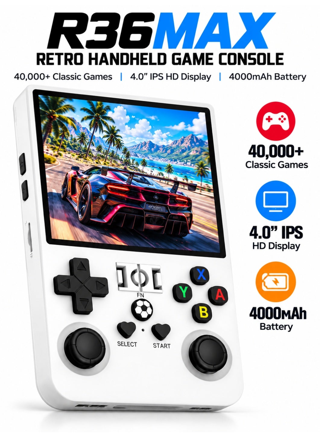 Compare R36 MAX Retro Handheld Game Console, 40,000+ Classic Games, 4Inch IPS HD Display, 720 × 720 Resolution, 4000mAh Battery, 20+ Emulators, Dual 3D Joysticks, TF Card Support, USBC Charging, Portable Gaming Player – Assorted Colors at KSA Price