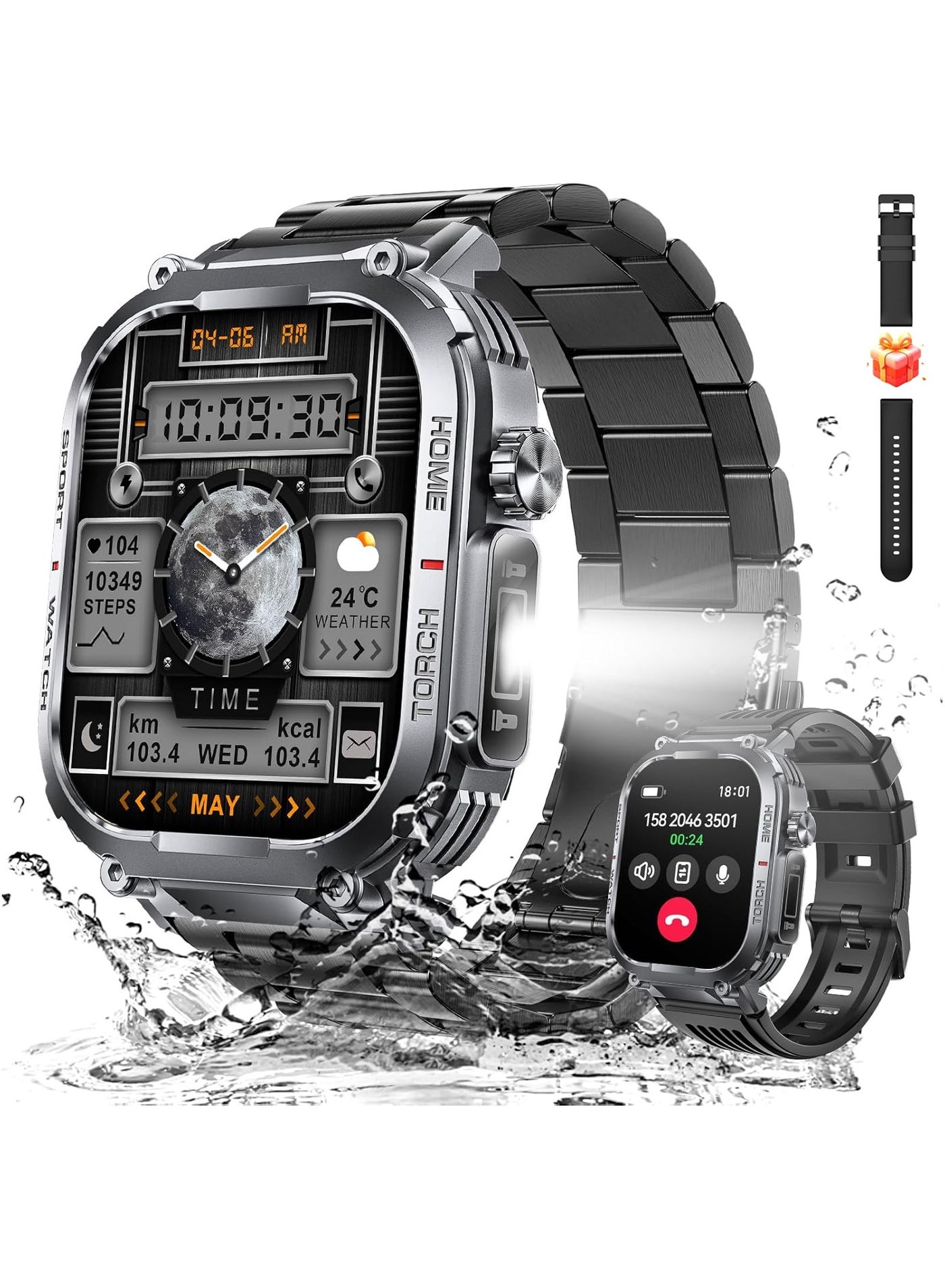 Compare Military Smart Watch for Men 3ATM Waterproof with CallLED Flashlight 2.02 HD Big Screen Rugged Tactical Smartwatch with Compass Fitness Tracker with HRSPO2Blood Pressure Monitor for iPhone Android?2 Straps? at KSA Price