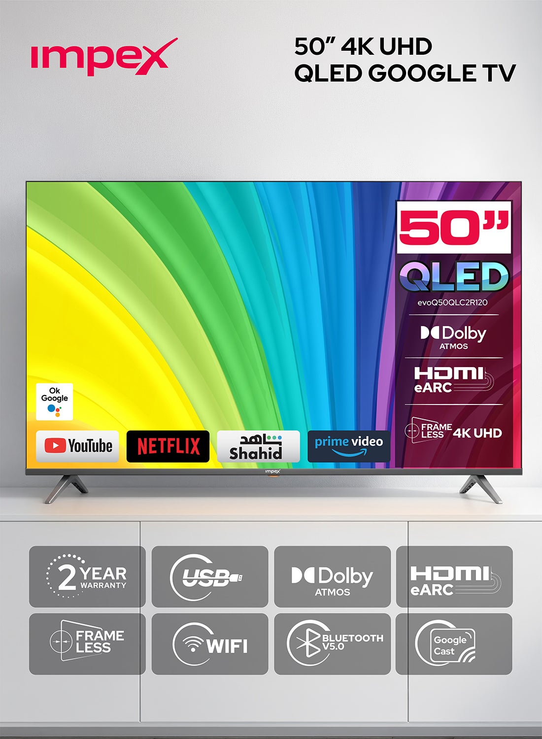 Compare 50 Inch Google QLED 4K Ultra HD TV – 120Hz Refresh Rates Television Music And Songs Entertainment, Dolby Audio, HDMI ARC, DVB T2S2, 2GB RAM + 16GB ROM, Voice Remote, BluetoothWiFi, Wall Mount, 2xUSB, 4xHDMI – 2Year Warranty evoQ 50QLC2R120 Black at KSA Price