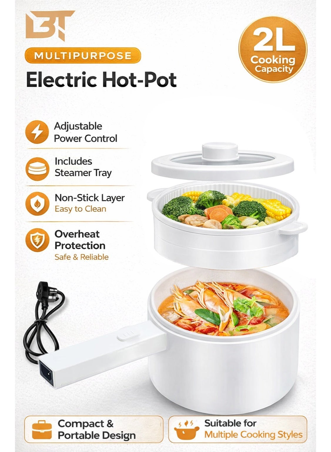 2L Electric Mini Hot Pot with Steamer, Overheat…