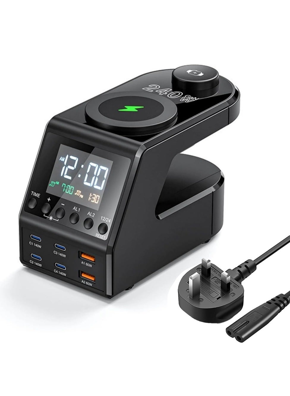 Compare 240W GaN Charger Station 10in1: Smart Desktop Charger with Digital Clock, Dual Alarm, 4x140W USBC PD3.1 Fast Charging Hub for MacBook Pro, 15W Wireless Charger for iPhone 15S24, 5W Watch Charger, Universal QC3.0PDPPS for La at KSA Price