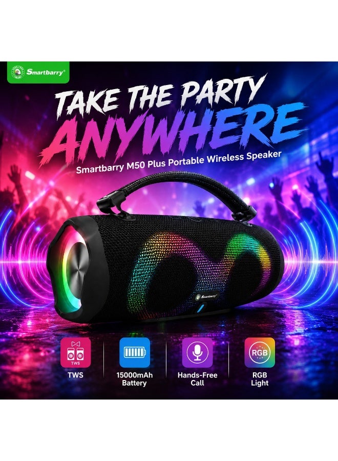Compare M50 Plus Bluetooth Portable Speaker with Dynamic RGB Lights, 15000mAh Long Lasting Battery, Powerful Deep Bass, TWS Dual Speaker Connection, Wireless Music Player Black at KSA Price