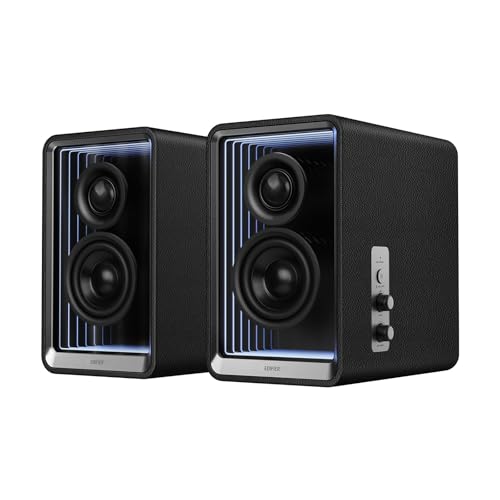 Compare Edifier QR65 Desktop Active Monitor with 275 LongThrow Aluminum Diaphragm midLow Drivers HiRes Audio Brilliant Light Effects 70W Output Power Bluetooth Speakers with Stands Black at KSA Price