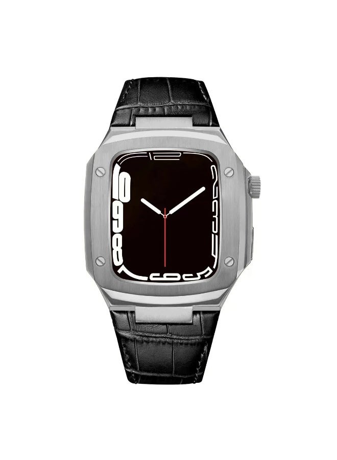 Compare Stainless Steel Case with Genuine Leather Watch Band For Apple Watch 44mm 45mm, Luxury Metal Protective Bumper Cover for Men Black at KSA Price