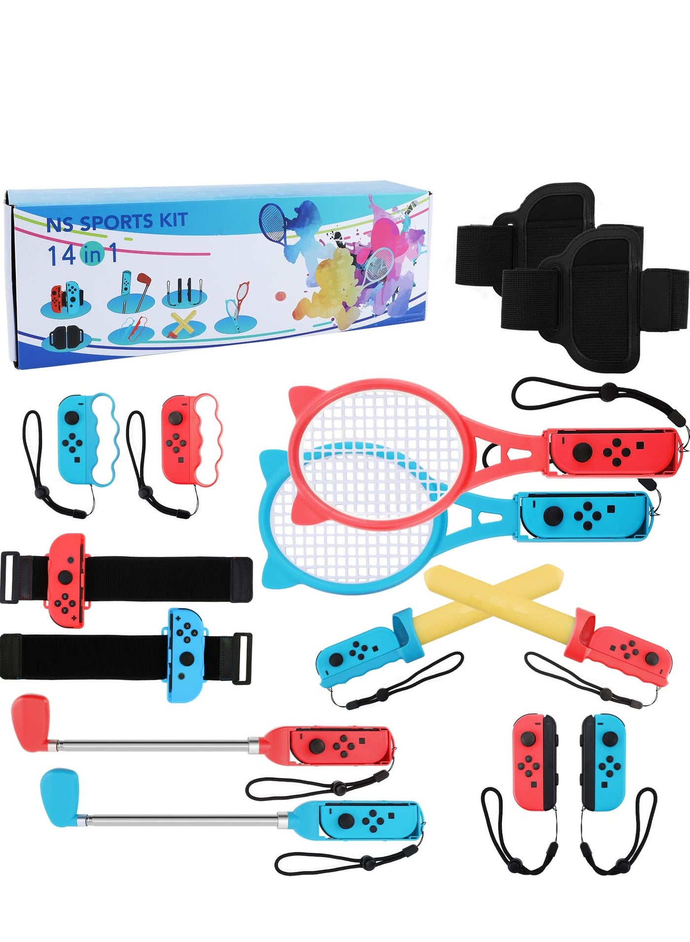Compare 14 in 1 Switch Sport Games Accessories Bundle for Nintendo Switch Games, Including Tennis Rackets Swords Golf Clubs Grips Boxing Grips Leg and Wrist Straps at KSA Price