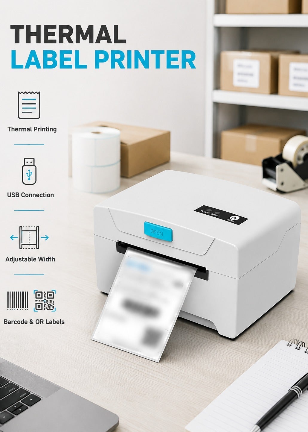 Compare Thermal Label Printer, USB Desktop Shipping Label Printer with Adjustable Print Width, Professional Courier Sticker Printer for Barcode QR Code, Warehouse Retail Office and Small Business at KSA Price