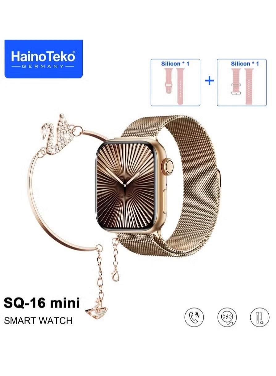 Compare SQ16 Mini Series 10 AMOLED Display Smart Watch with Stylish Bracelet, 3 Pairs of Straps, and Charging Cable – Designed for Ladies – Gold at KSA Price