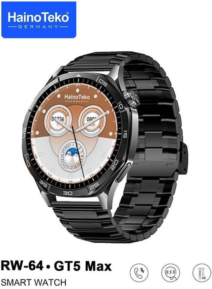 Compare Haino Teko Germany GT5 Max Smartwatch RW64  AMOLED HD Display, Bluetooth Calling, 3 Pairs of Interchangeable Straps, Wireless Charging, Health & Fitness Tracker – SilverBlue Edition at KSA Price