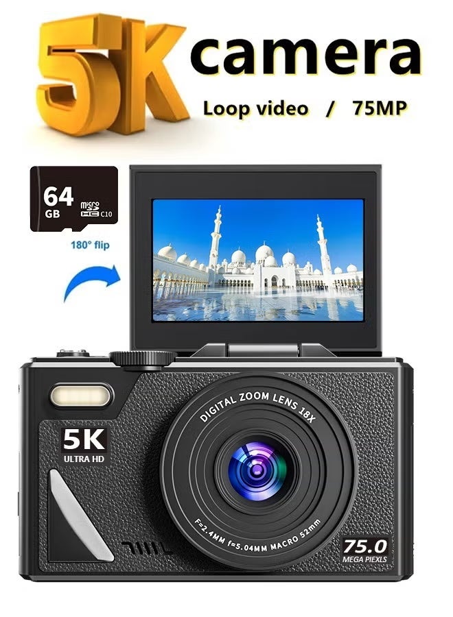 Compare Digital Camera, 5K Cameras Digital with 64GB SD Card, 75MP Digital Camera for Photography and Video, 18X Digital Zoom Digital Camera with 3 Flip Screen, 5K Vlogging Camera, Compact Anti Shake Vlogging Camera for Gift at KSA Price