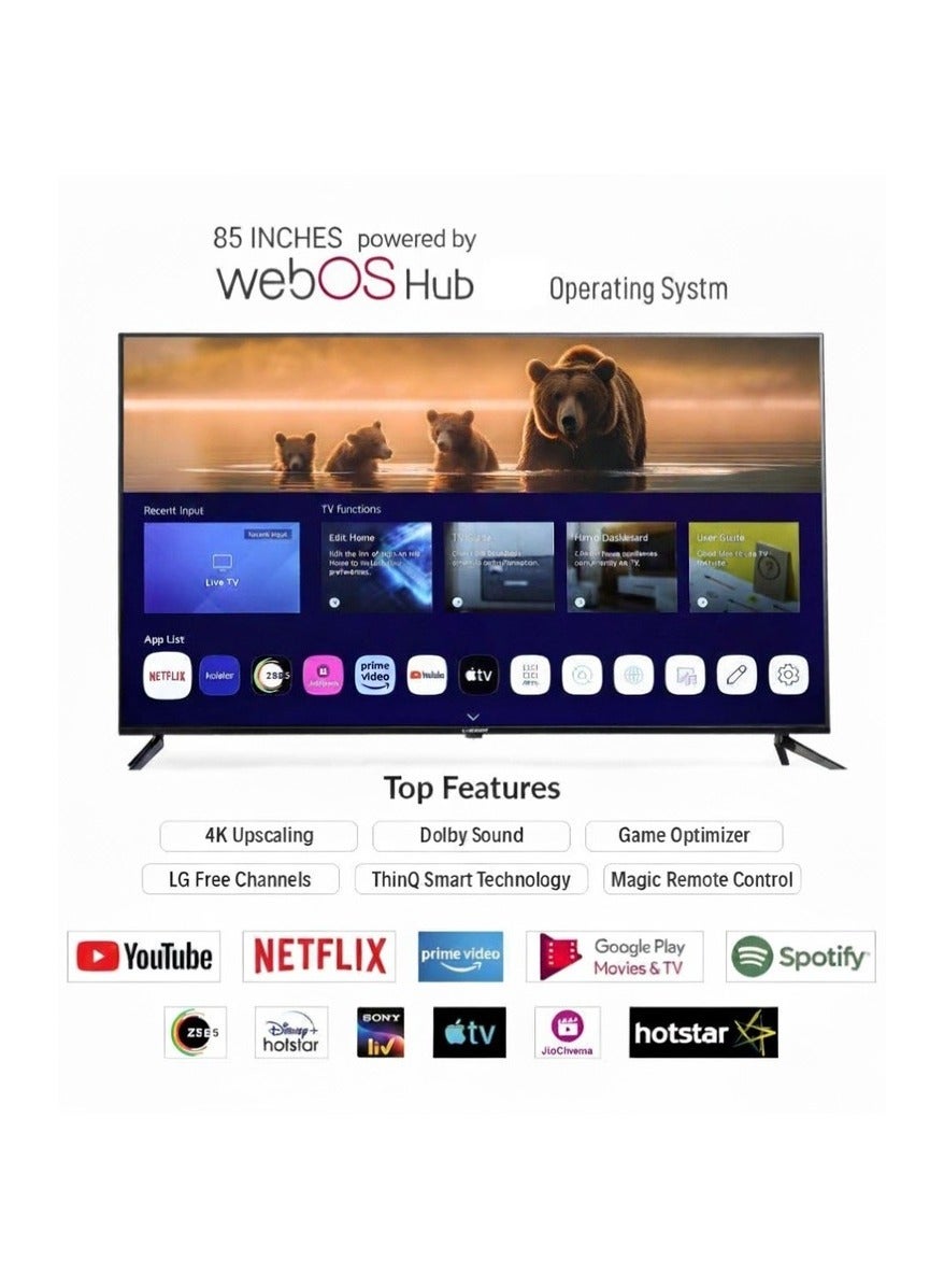 Compare 85Inch 4K Ultra HD Smart LED TV – WebOS Platform with Magic Remote & AI Voice Control, Dolby Audio, BuiltIn WiFi & Screen Mirroring, Premium Frameless BezelLess Design – Model H2LED4K85WOX at KSA Price