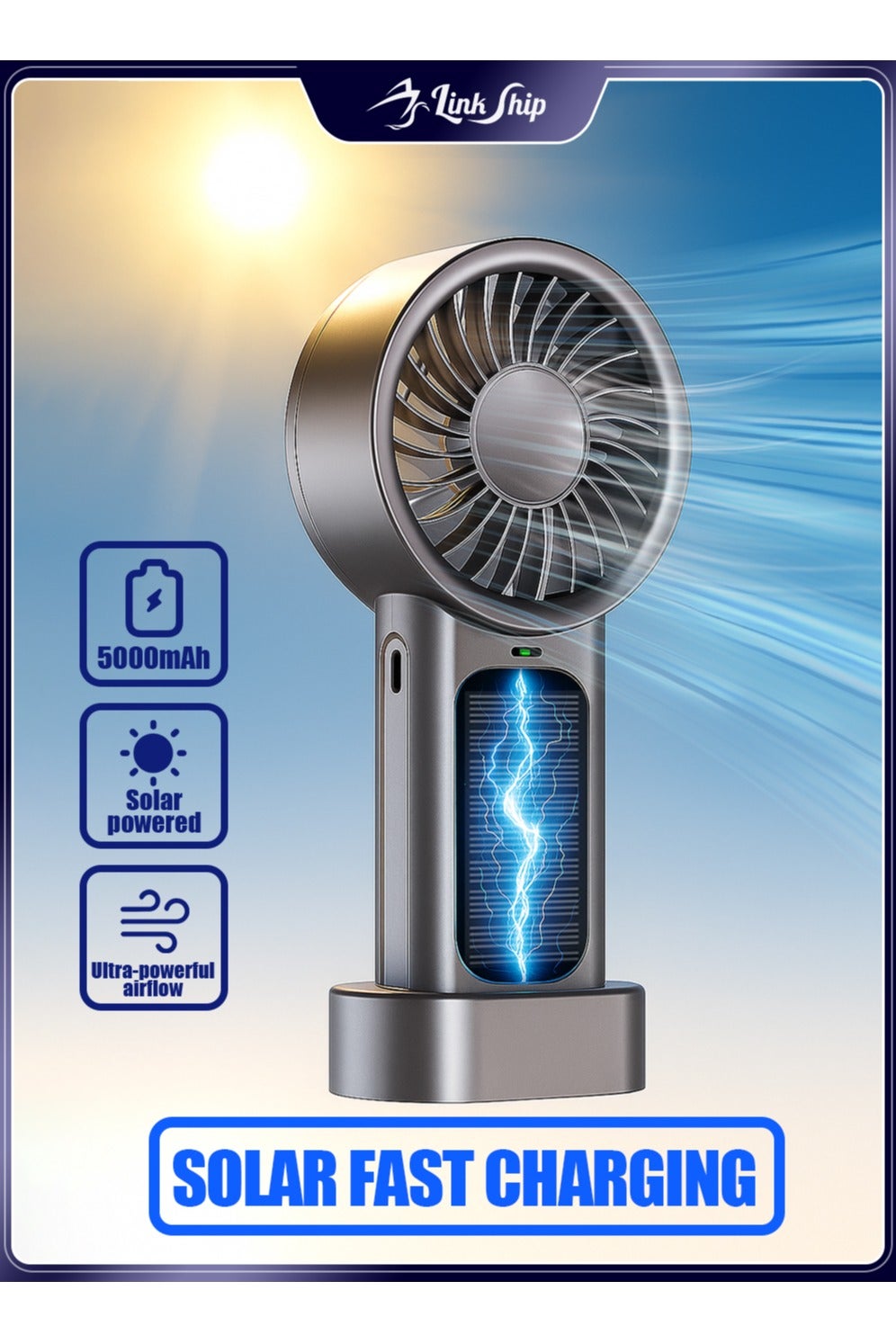Compare Solar Portable Fan, 5000mAh UltraLong Lasting Battery & Fast USBSolar Charging, for Extreme Outdoor Camping, Hiking and Travel, Powerful Cooling with Safe HeatResistant Design at KSA Price