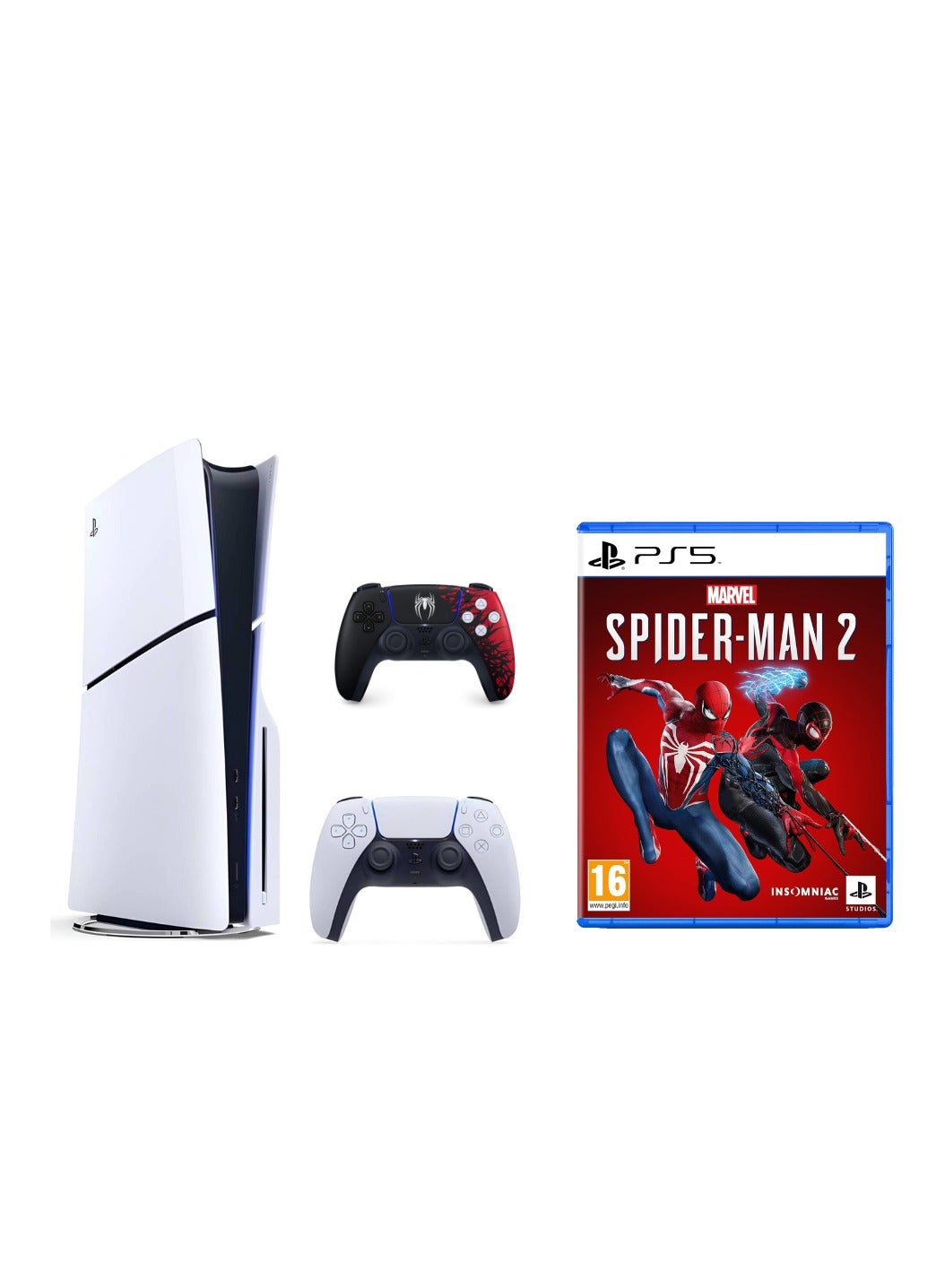 Compare PlayStation 5 slim disc console+Spiderman controller+ Spiderman 2 Game with bundle at KSA Price