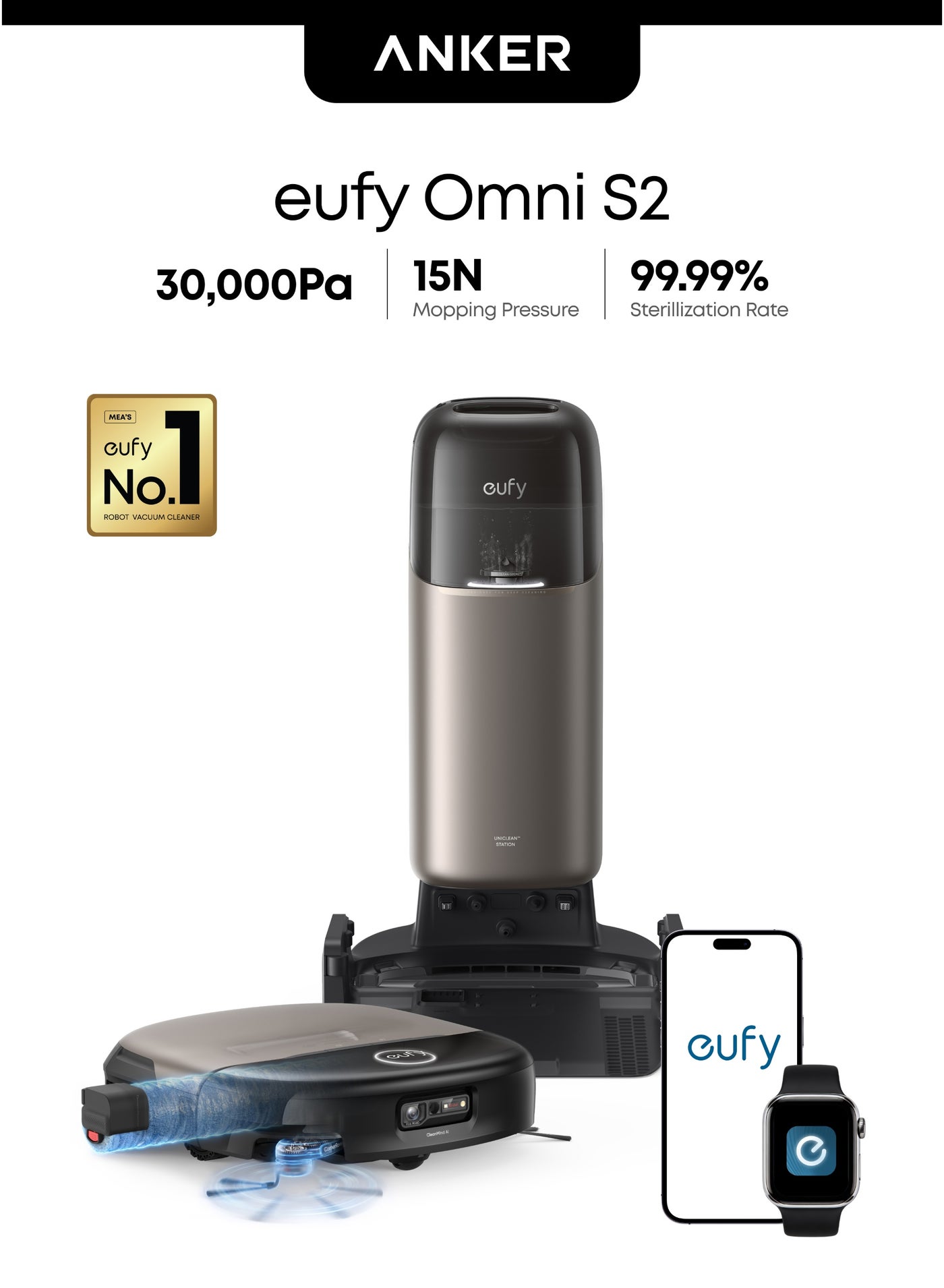 Compare eufy Omni S2 Robot Vacuum Cleaner with Mop, 30,000Pa Suction, HydroJet 2.0, AllinOne Station 35 W T2081 black at KSA Price