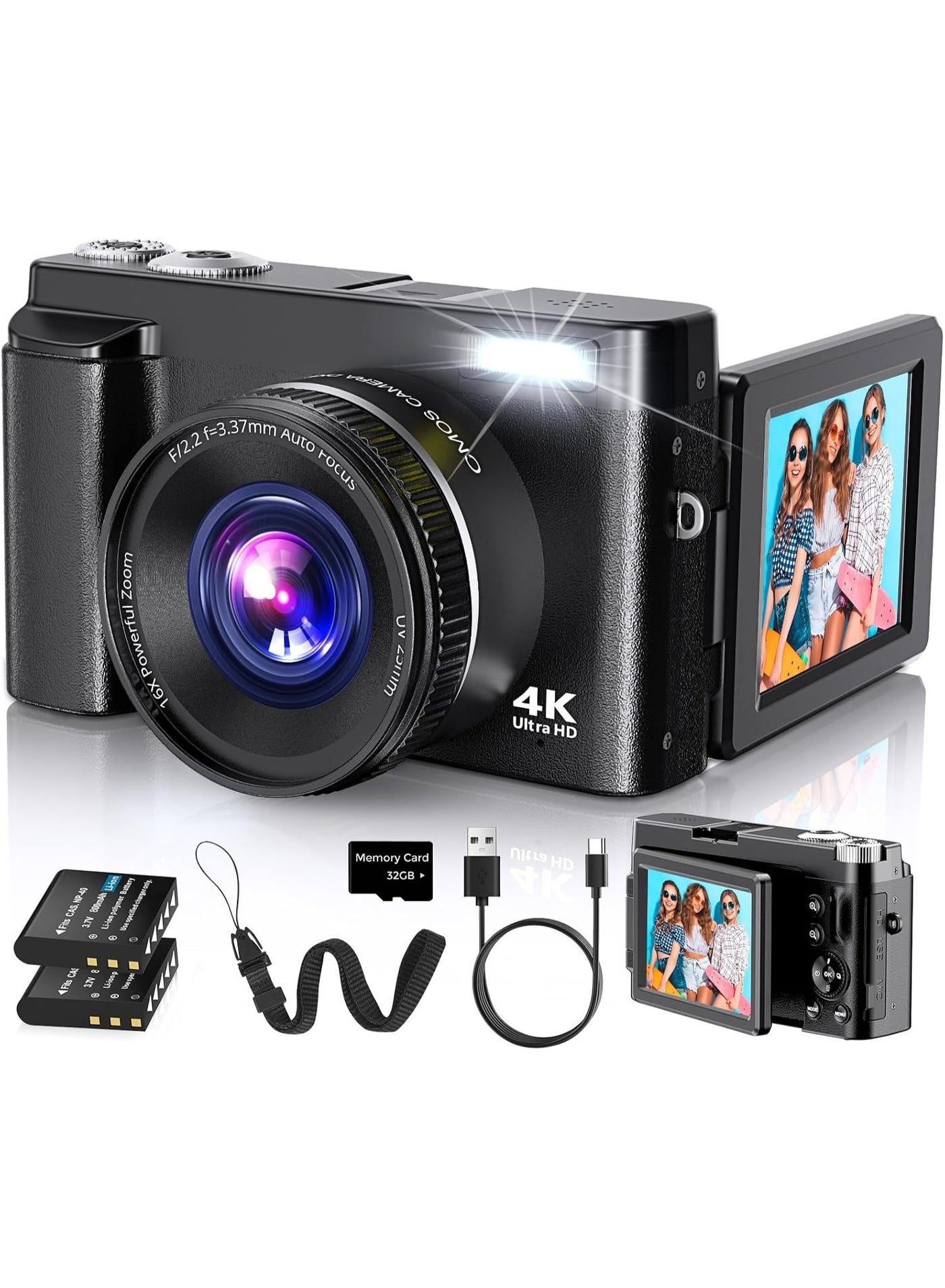 Compare 4K Digital Camera for Photography, 64MP Vlogging Camera for YouTube with 3 180° Flip Screen, AntiShake, 18x Digital Zoom Point and Autofocus Shoot Camera with 32GB Micro SD Card for Beginner at KSA Price