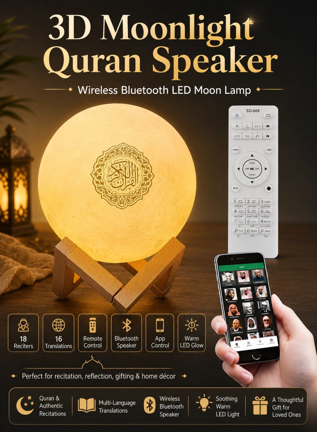 3D Moon Lamp Quran Speaker with Bluetooth – LED Night…