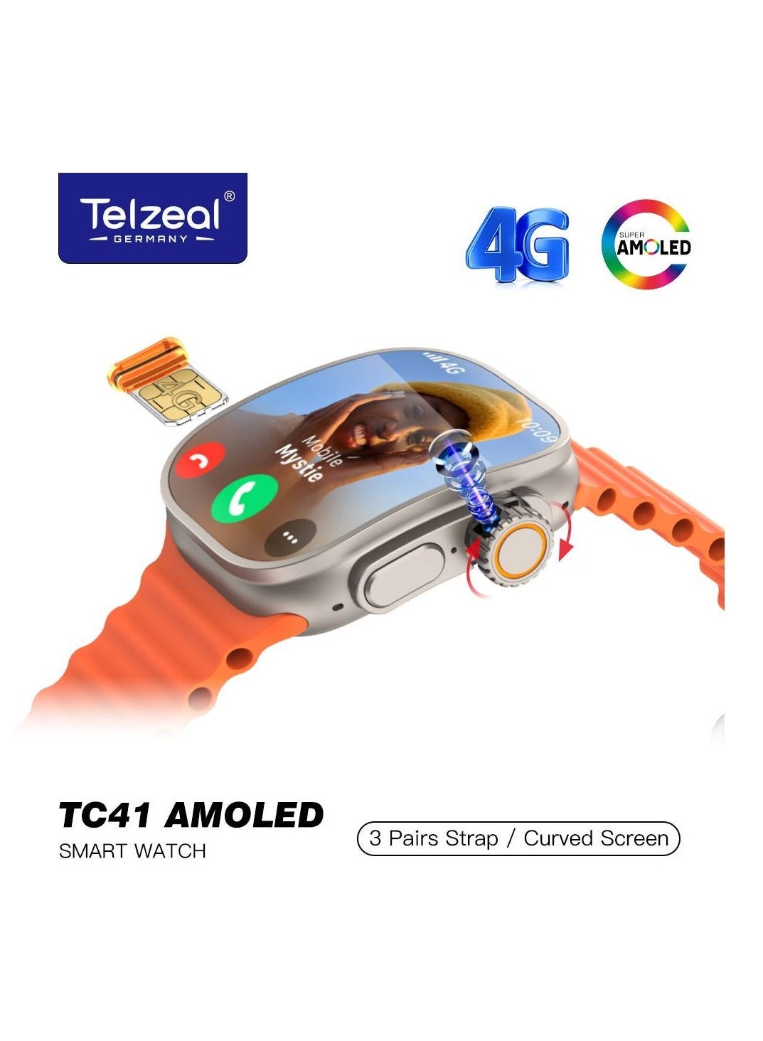 Telzeal Smart Watch TC41 4G Sim Curved Screen