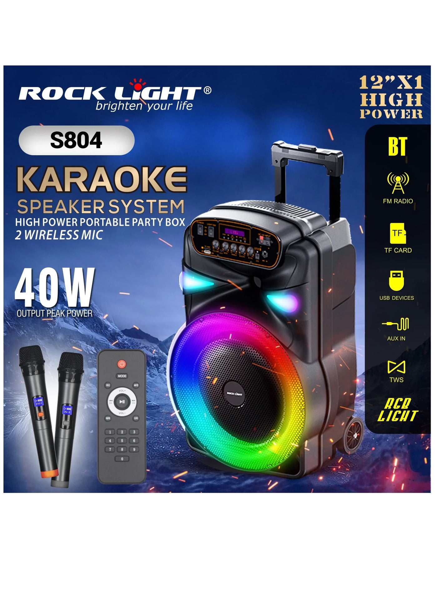 Compare S804 Karaoke Speaker System – 40W High Power Portable Party Box with 12” Woofer, LED RGB Lights, Bluetooth, 2 Wireless Microphones, Remote Control, USBTFAUXFM Radio, TWS Function at KSA Price