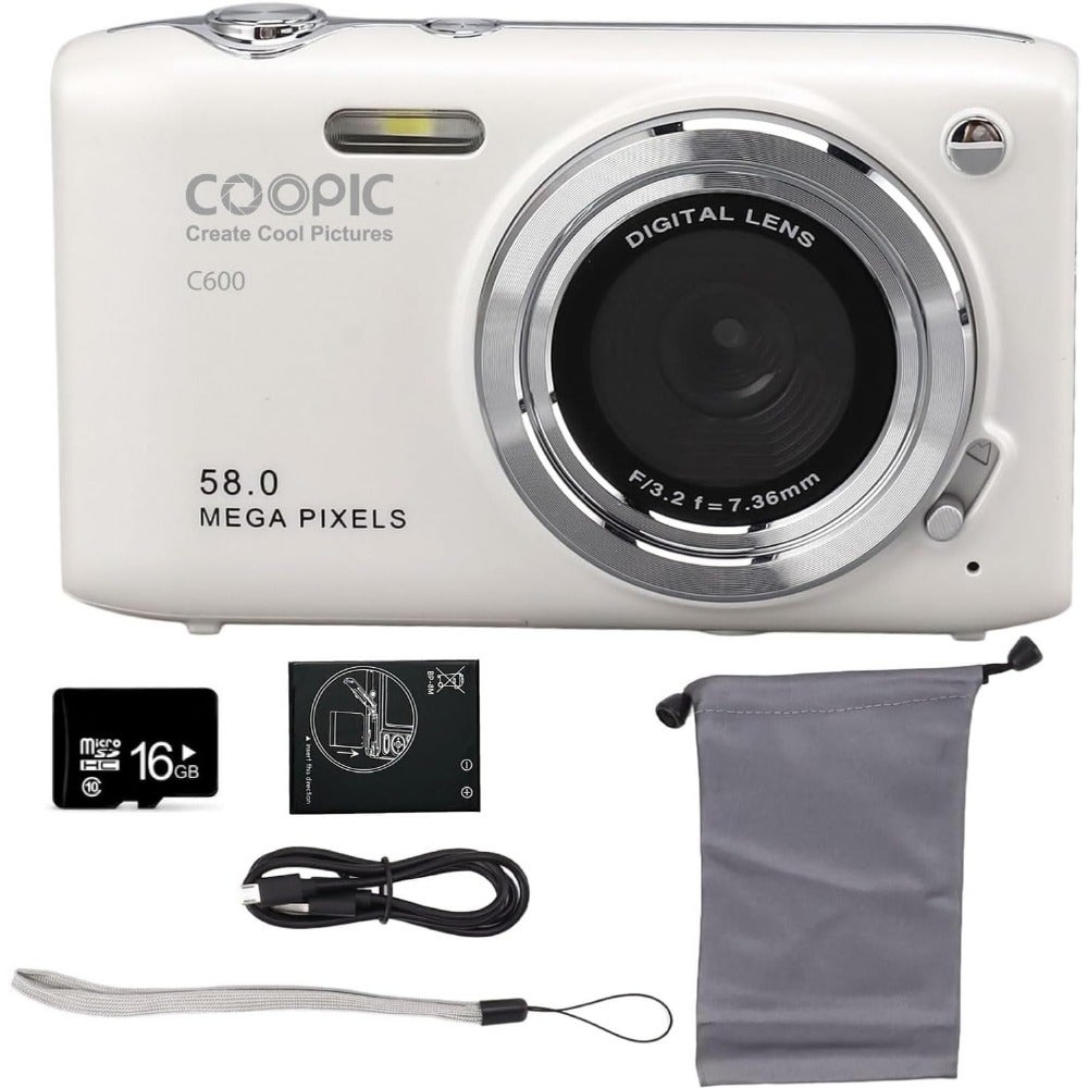 Compare COOPIC C600 White HD Digital Camera with 16GB Micro SD Card, 58MP, 4K Video, Ideal for Travel, Vlogging, and Creative Photography at KSA Price