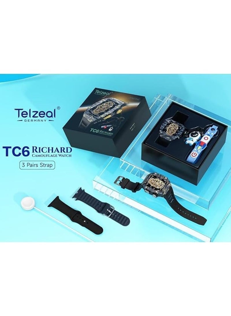 Compare TC6 Richard Camouflage Watch with 3 Pair Straps, Builtin Protection Case & Wireless Charger for Men and Boys, Black – Stylish, Durable & Functional Timepiece for Everyday Wear at KSA Price