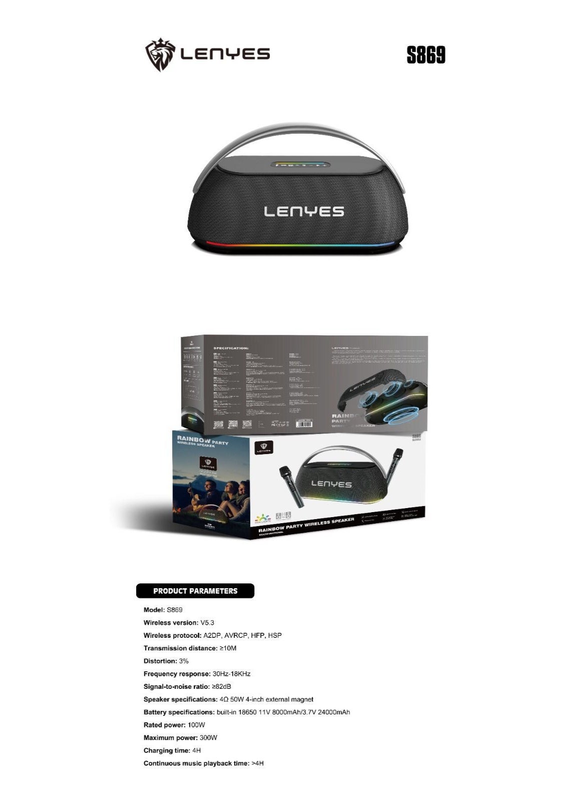 Compare Lenyes S869 Rainbow Party Wireless Speaker – 300W Power, Dual Wired Mics, RGB Lights & MultiPort Connectivity at KSA Price