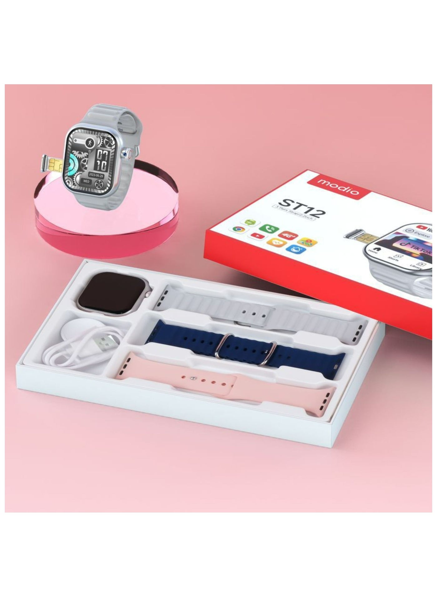 Compare ST12 4G Smartwatch with 2.2inch Display, 3 Pairs Strap, Fitness Tracker, Heart Rate & Sports Mode, Waterproof, Compatible with Android & iOS – Silver at KSA Price