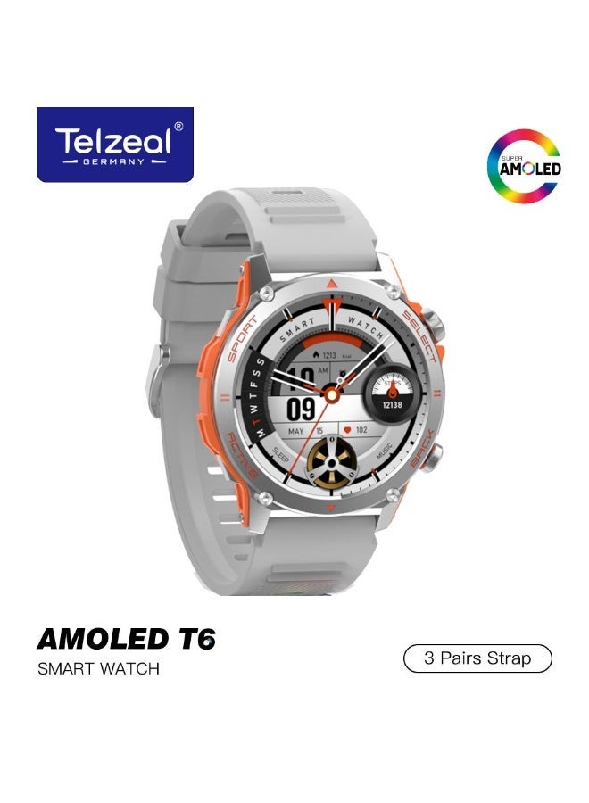 Compare Telzeal AMOLED T6 Smartwatch With AMOLED Display 30M Waterproof 2 Pair Straps and Magnetic Charger Designed for Men Silver at KSA Price