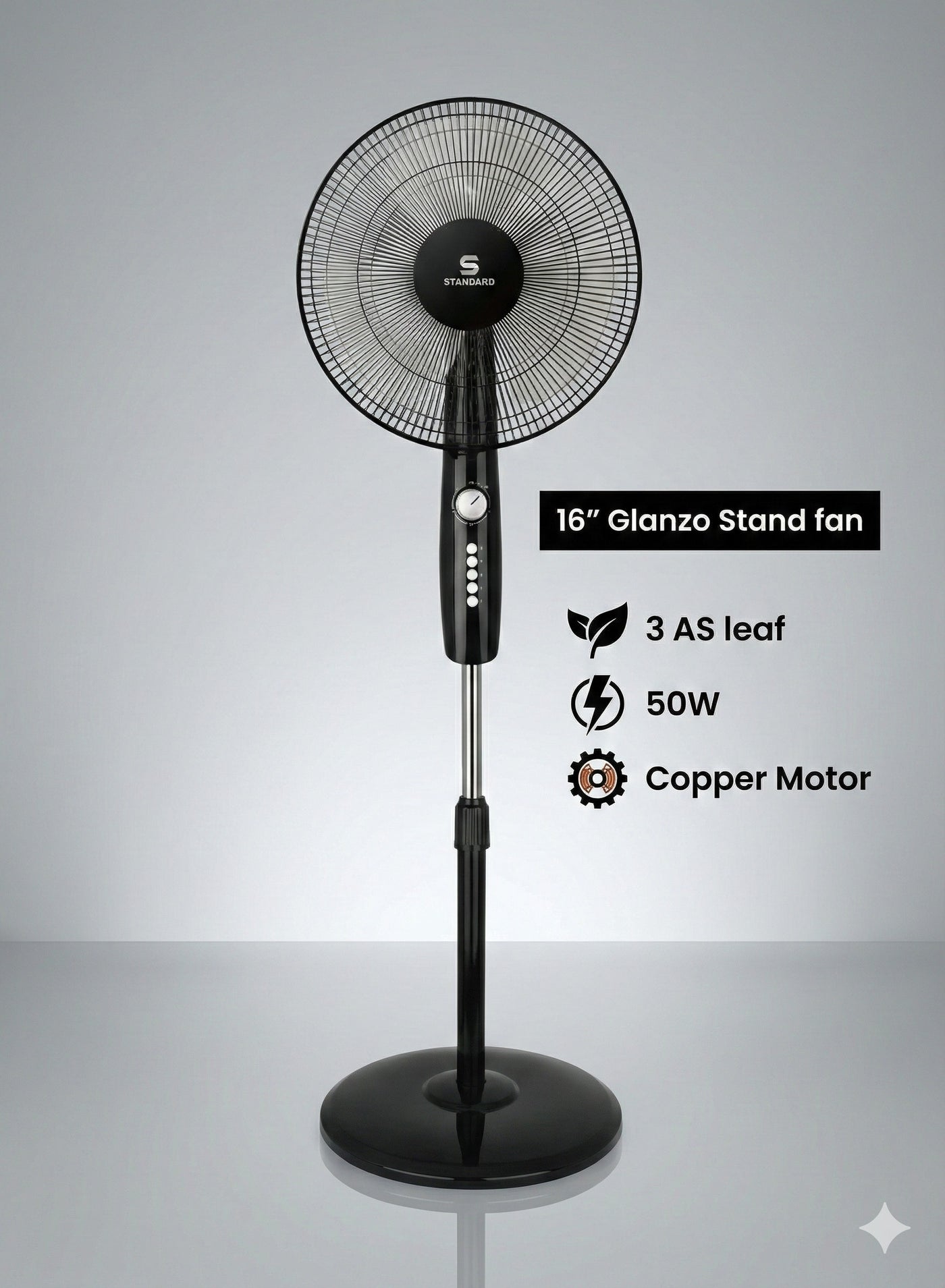Compare Standard 16 Stand Fan – Glanzo Model | 50W Powerful Copper Motor | 3 AS Aerodynamic Blades | Adjustable Height | WideAngle Oscillation | Low Noise Operation | Durable Black Finish | model number FOSGZBLK16021 at KSA Price