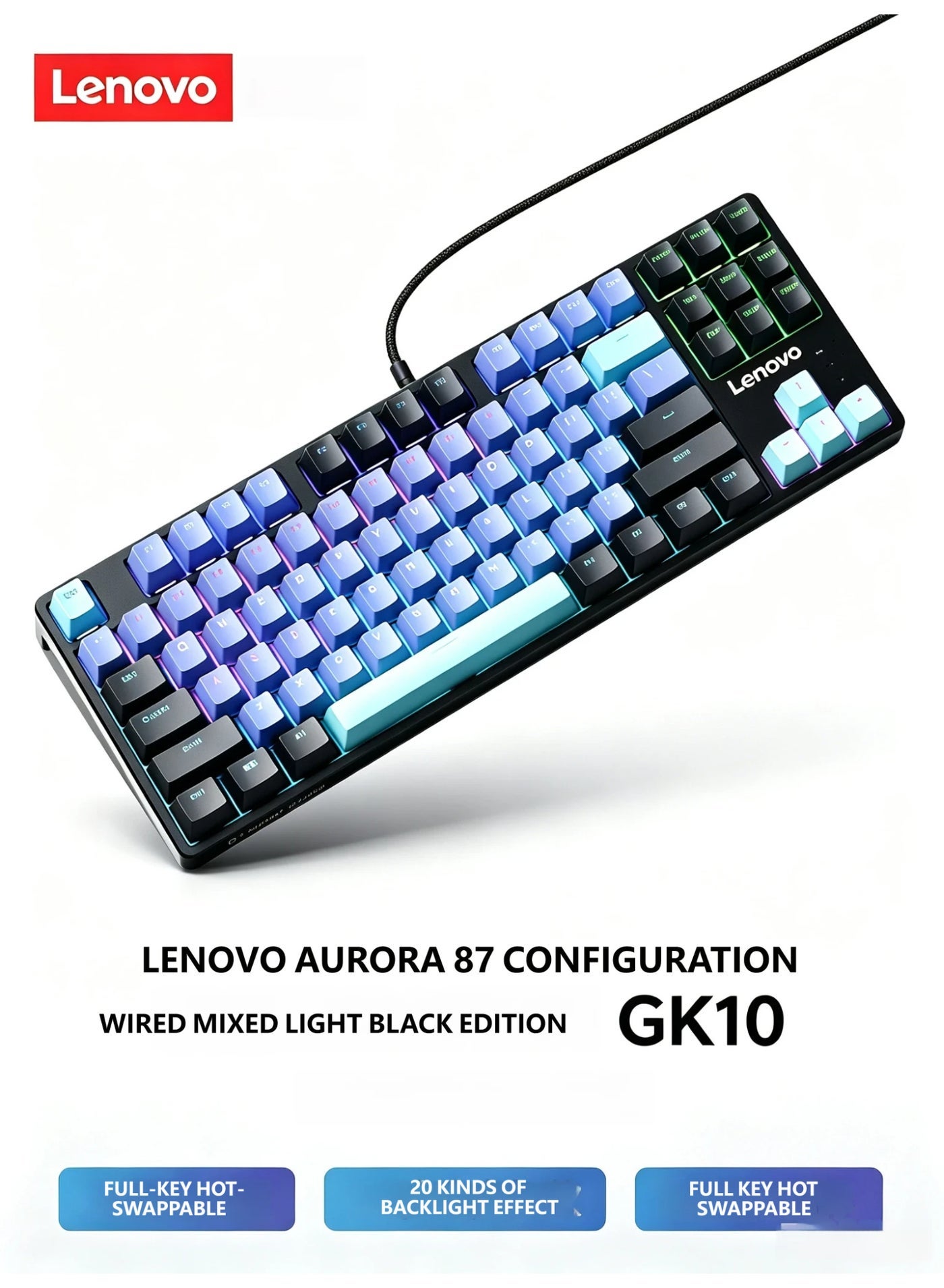 Lenovo GK10 Wired Mechanical Keyboard, Black-Blue…