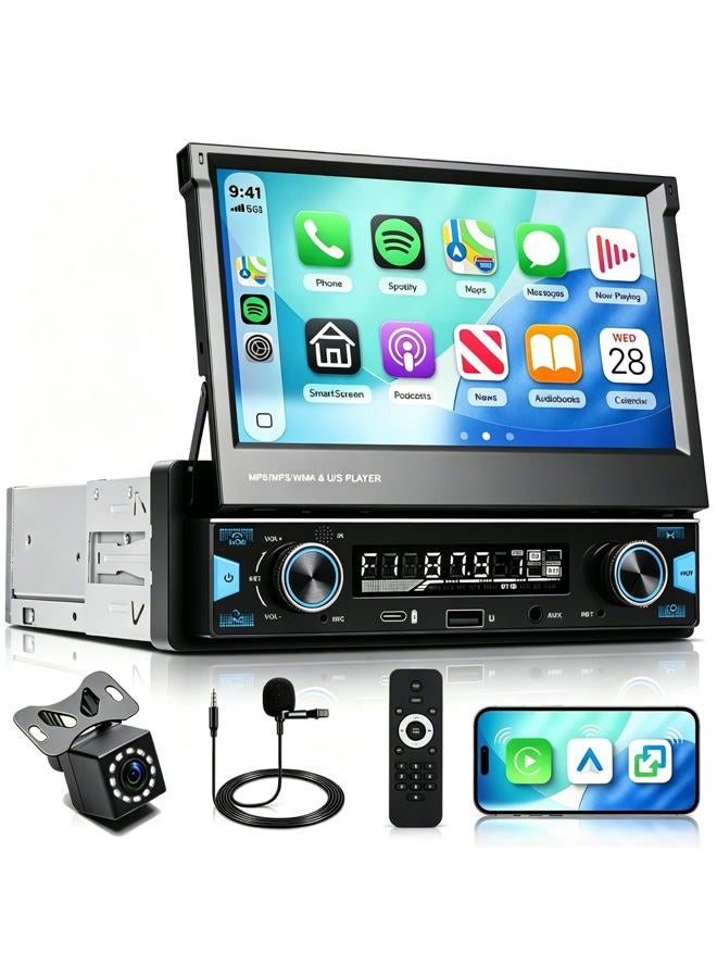 Compare Wireless Carplay Single Din Car Stereo Touchscreen Android Auto, 7‘ Flip Out Screen Car Stereo with Bluetooth Car Audio Receivers, FMAMRadio, Backup CameraMirror LinkUSBAUXTypeC Fast Charging at KSA Price