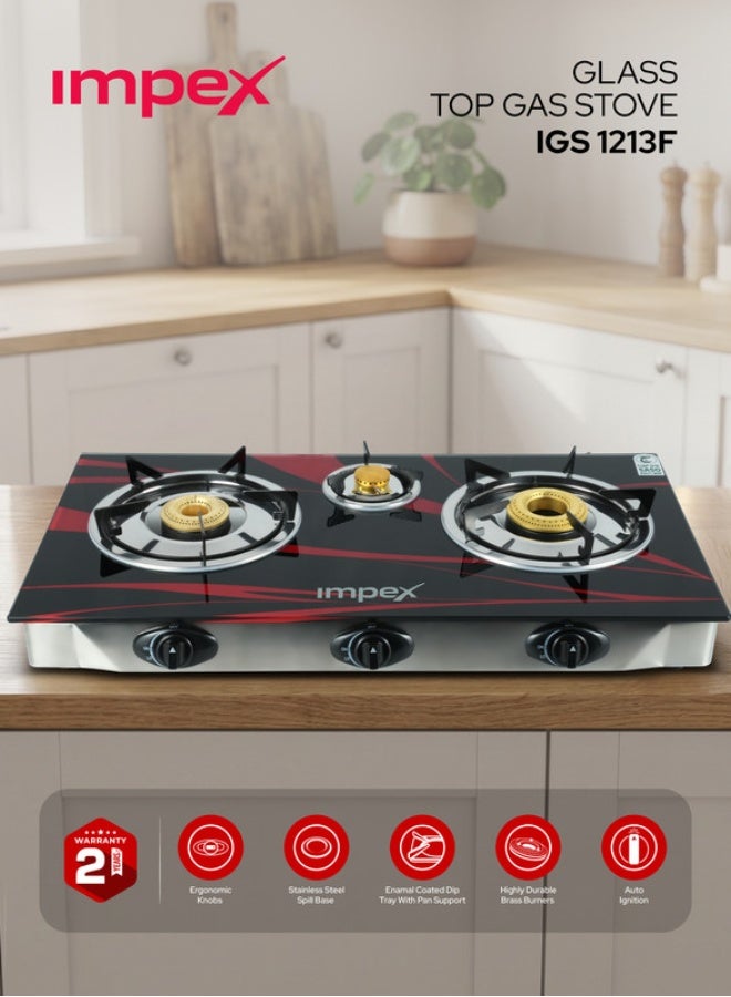 Compare Gas Stove 3 Burner Glass Top with FFD  Quality Pan Support, Brass Burners, Spill Tray, Auto Ignition, Toughened Glass, Flame Failure Device, Blue Flame, Ergonomic Knobs IGS 1213F Black and Silver at KSA Price