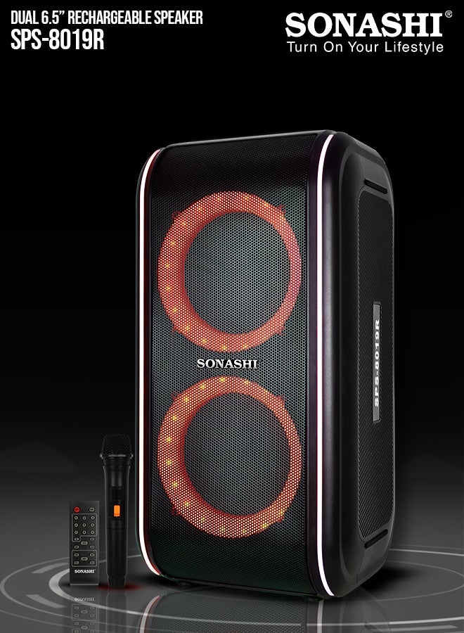 Compare 6.5” Rechargeable Bluetooth Speaker with HiFi Surround Sound |Card Slot, Mic & LED Lights | 4400mAh Battery, USB & FM Support, 10m Wireless Range | SPS8019R at KSA Price